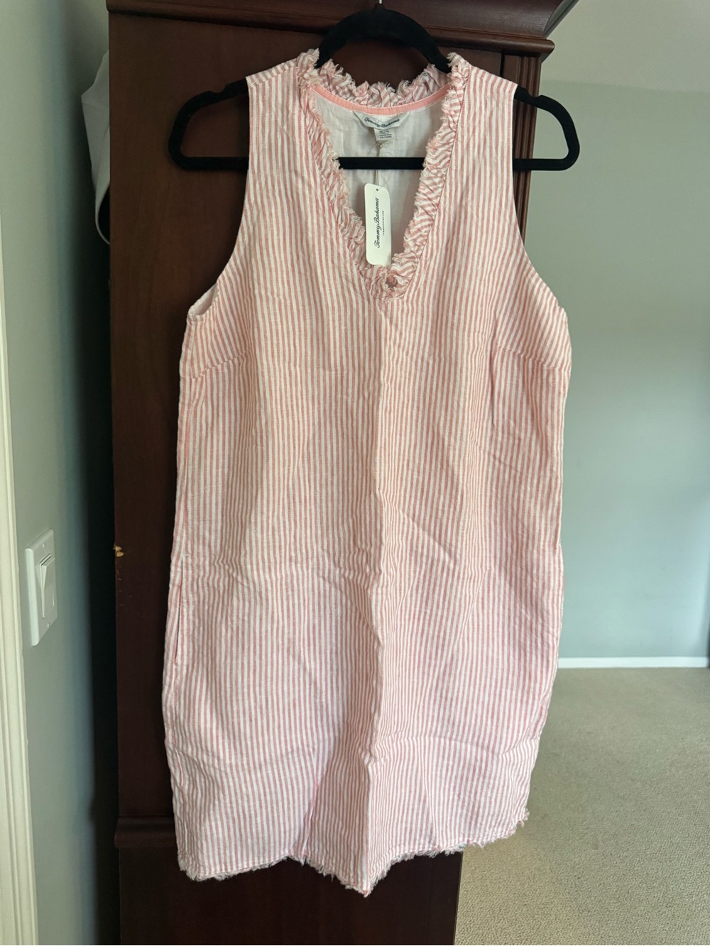 Tommy Bahama Pink & White Sleeveless Ruffle-Trim Mini Dress